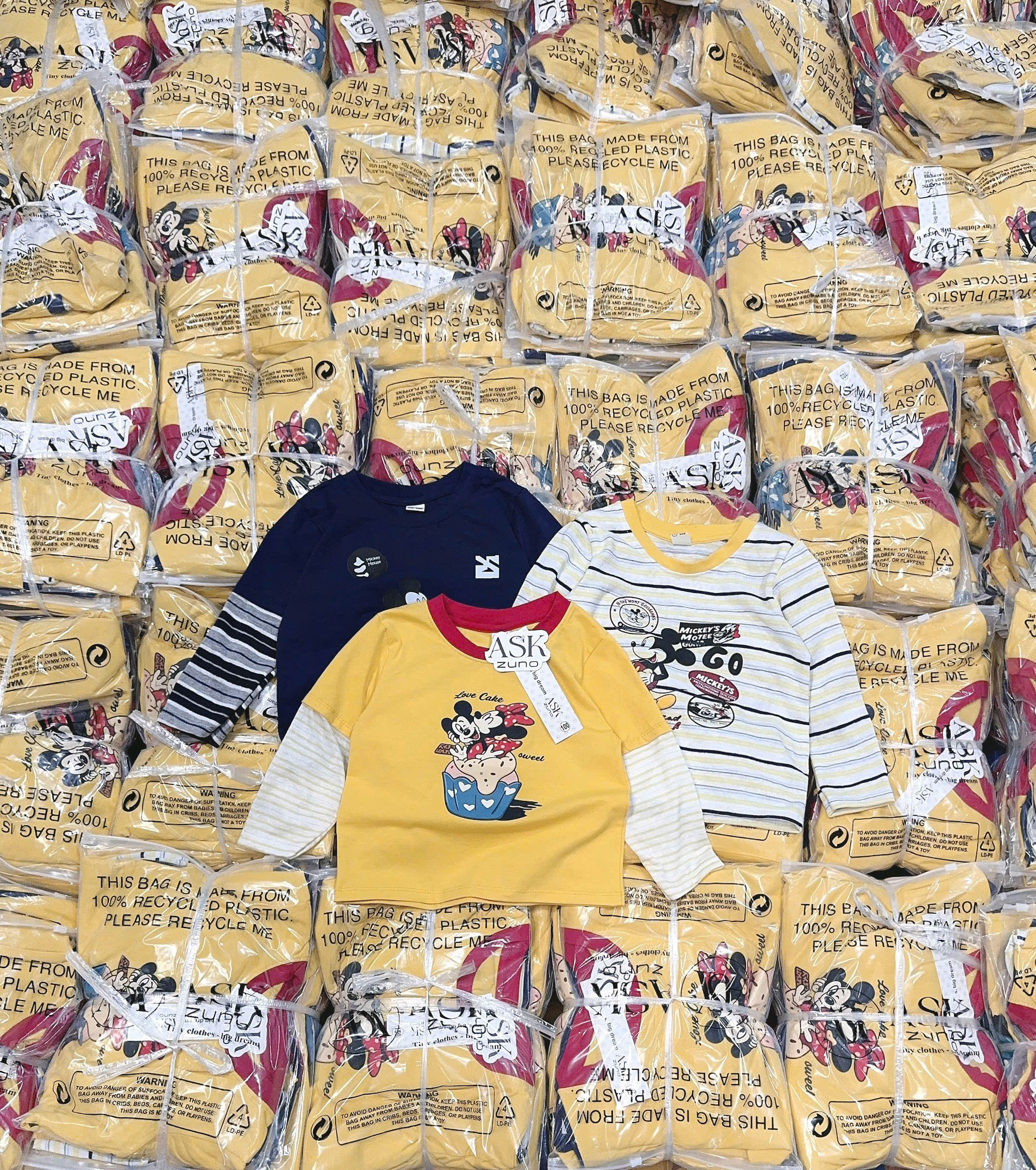 AB951 - SET 3 ÁO BÉ TRAI DÀI MICKEY PHỐI TAY than vàng kẻ
