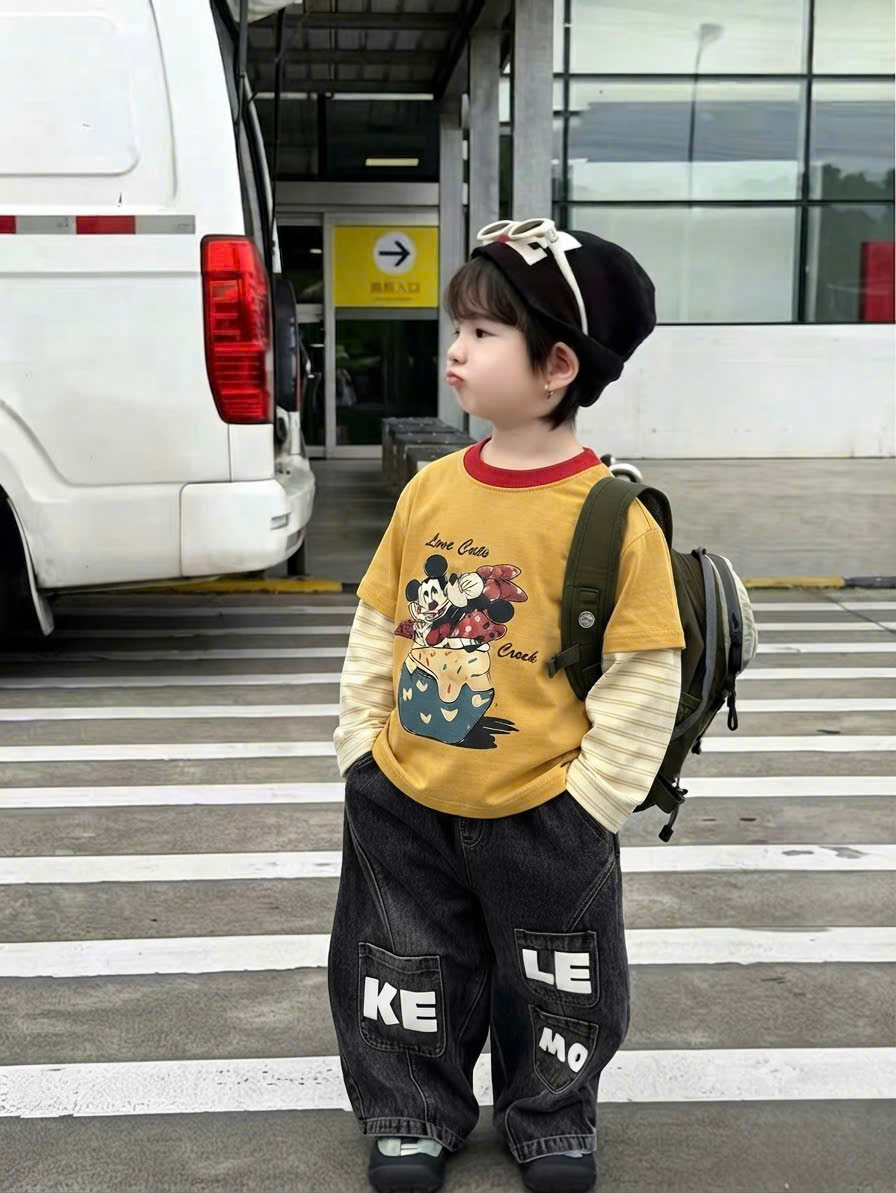 AB951 - SET 3 ÁO BÉ TRAI DÀI MICKEY PHỐI TAY than vàng kẻ
