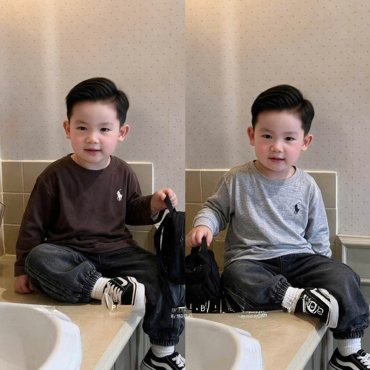 AB960 - SET 4 ÁO BÉ TRAI DÀI TAY KỊ SĨ đen nâu xám trắng