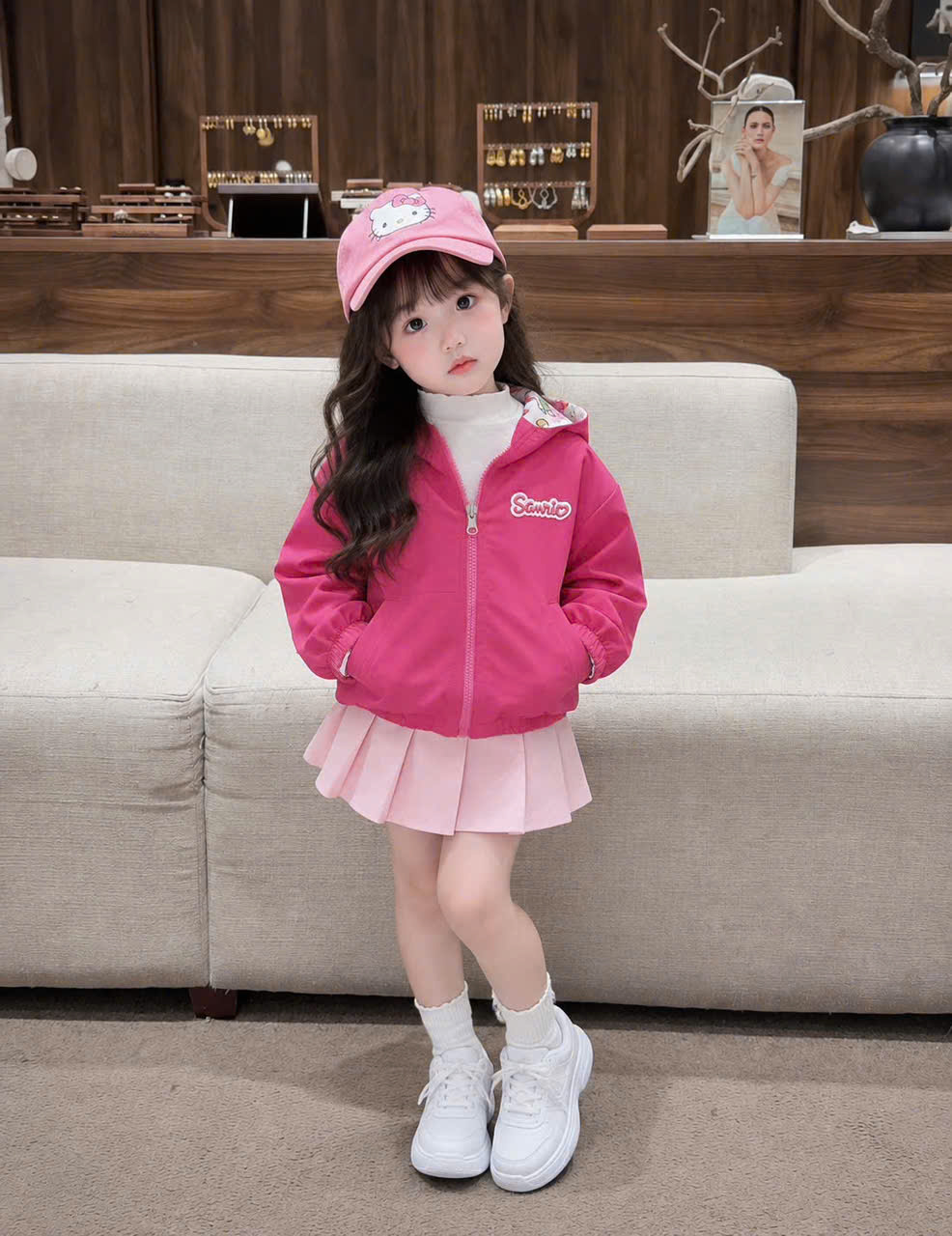 (CHỜ) AB962 - ÁO KHOÁC GIÓ BÉ GÁI HỒNG SEN KITTY 2 MẶT