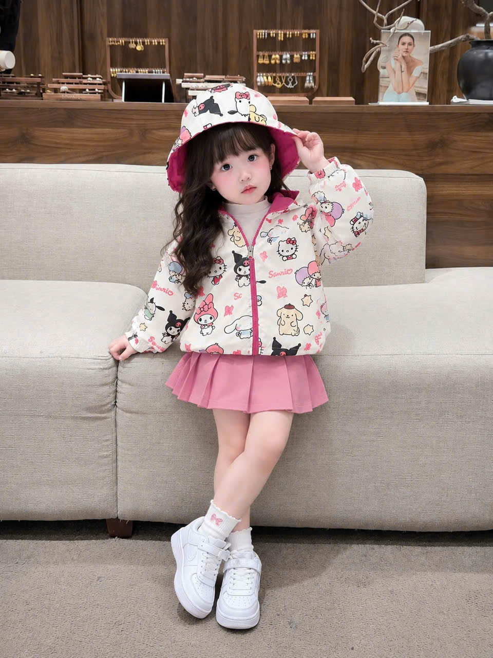 (CHỜ) AB962 - ÁO KHOÁC GIÓ BÉ GÁI HỒNG SEN KITTY 2 MẶT