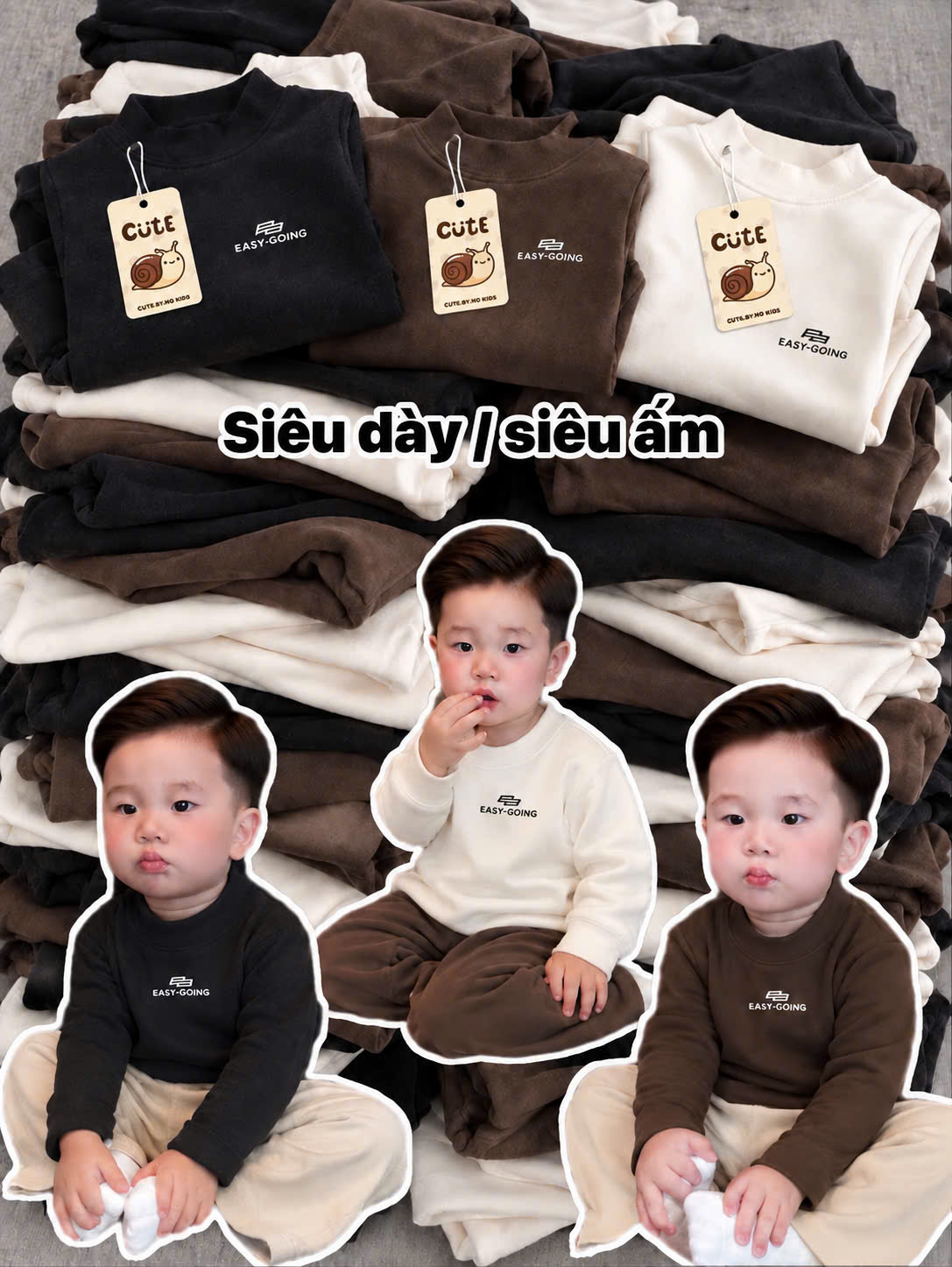 AB980 - SET 3 ÁO BÉ TRAI ZIP LÔNG 3P EASY GOING nâu xám be