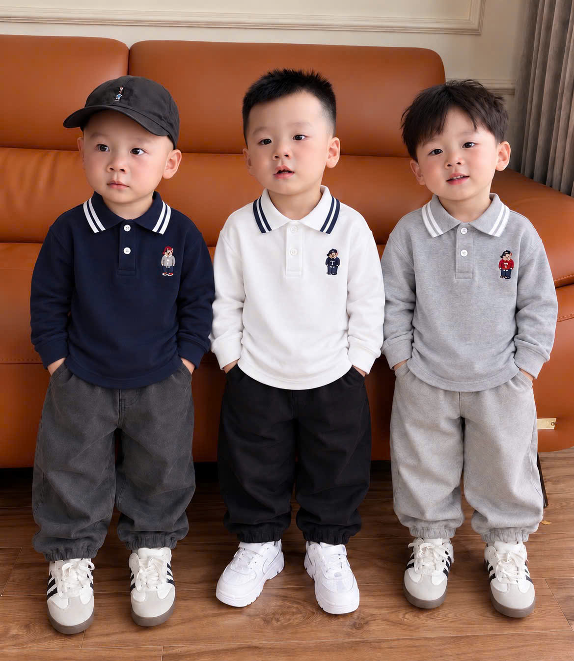 (CHỜ) AB985 - SET 3 ÁO BÉ TRAI POLO CỔ VIỀN THÊU GẤU T than ghi trắng