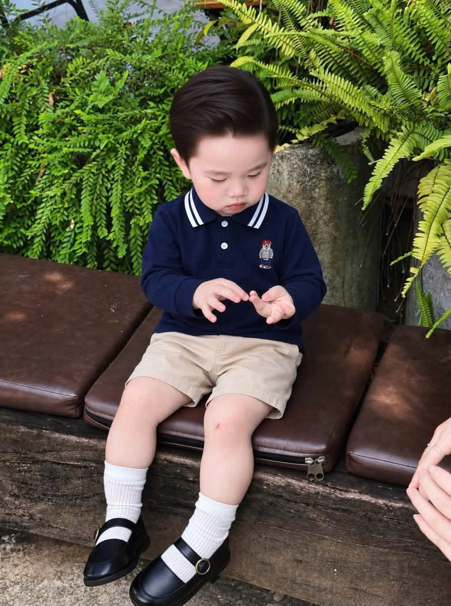 (CHỜ) AB985 - SET 3 ÁO BÉ TRAI POLO CỔ VIỀN THÊU GẤU T than ghi trắng