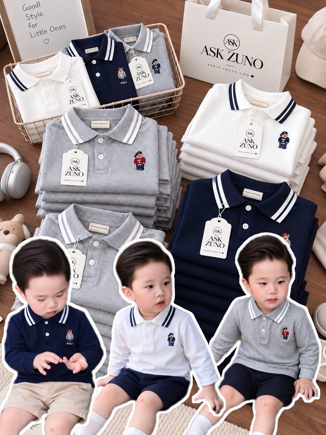 (CHỜ) AB985 - SET 3 ÁO BÉ TRAI POLO CỔ VIỀN THÊU GẤU T than ghi trắng