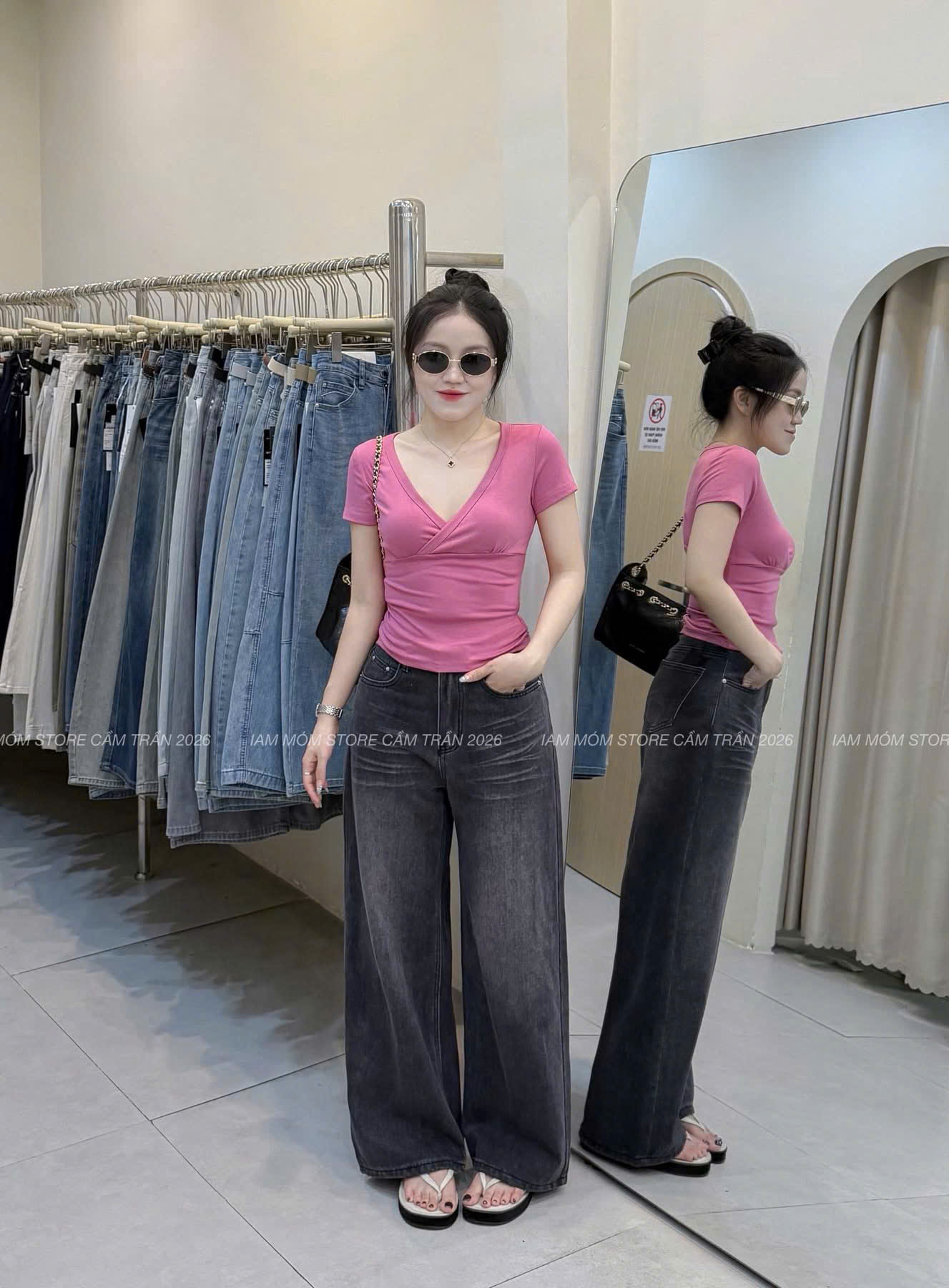 ANU427 - SET 3 ÁO THUN NỮ CỔ TIM CHÉO đen hồng trắng