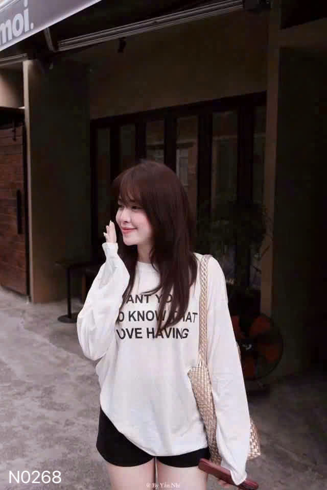 ANU442 - ÁO NỮ THUN GIẤY DÀI TAY TRẮNG I WANT
