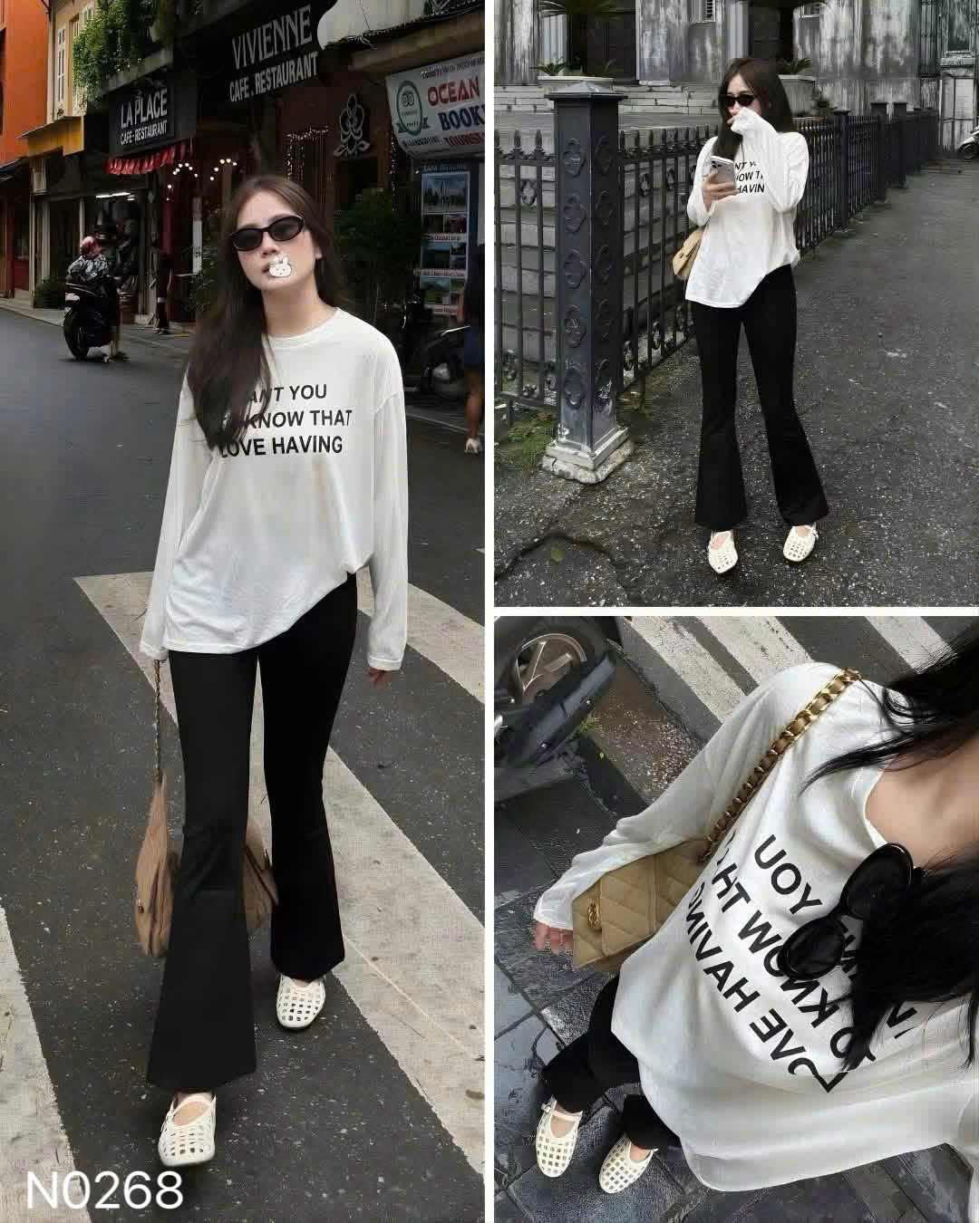 ANU442 - ÁO NỮ THUN GIẤY DÀI TAY TRẮNG I WANT