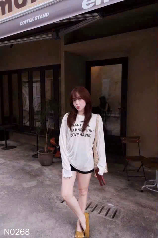 ANU442 - ÁO NỮ THUN GIẤY DÀI TAY TRẮNG I WANT