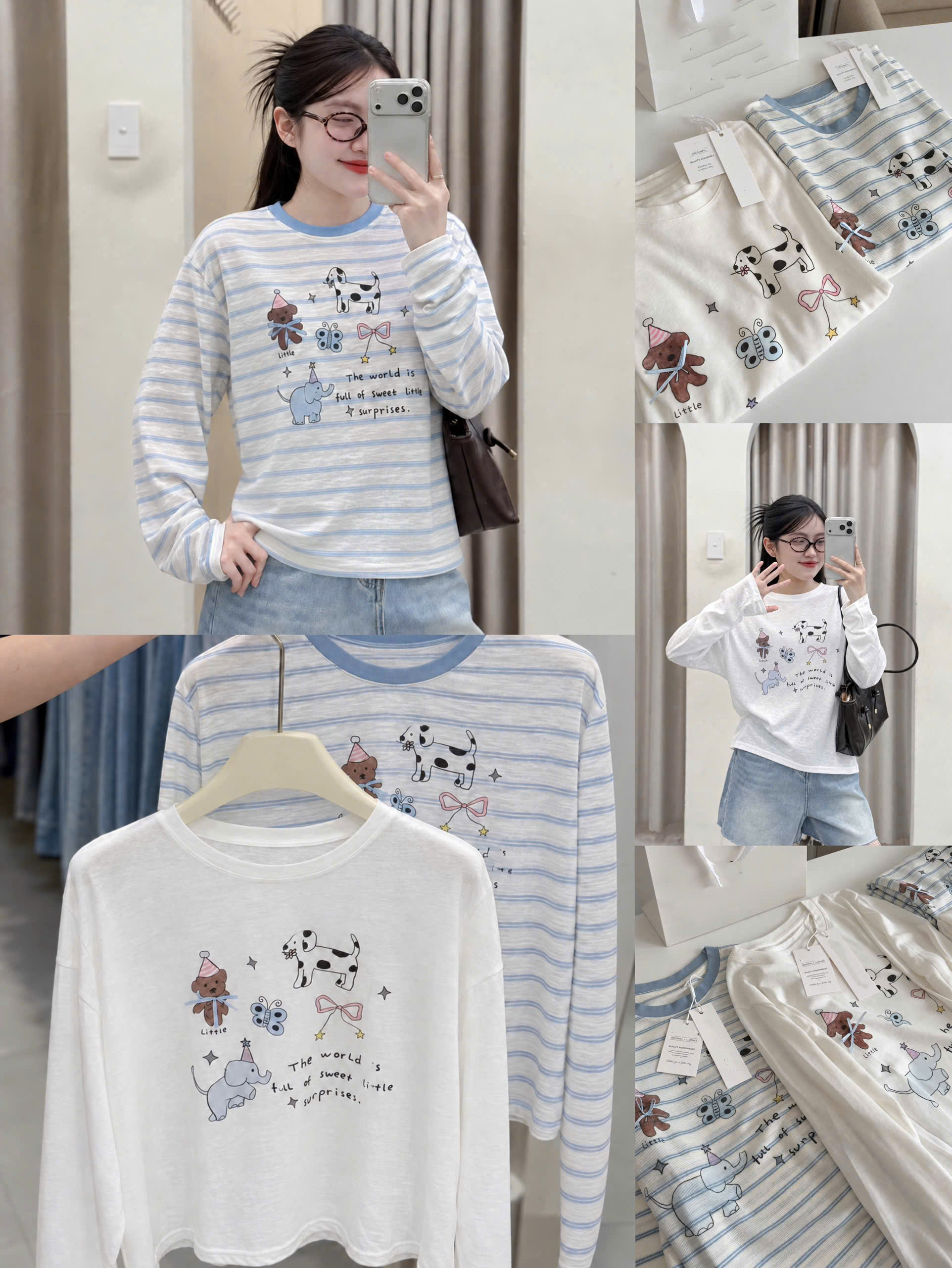(CHỜ) ANU467 - SET 2 ÁO THUN GIẤY NỮ DÀI TAY CHÓ GẤU NƠ xanh trắng
