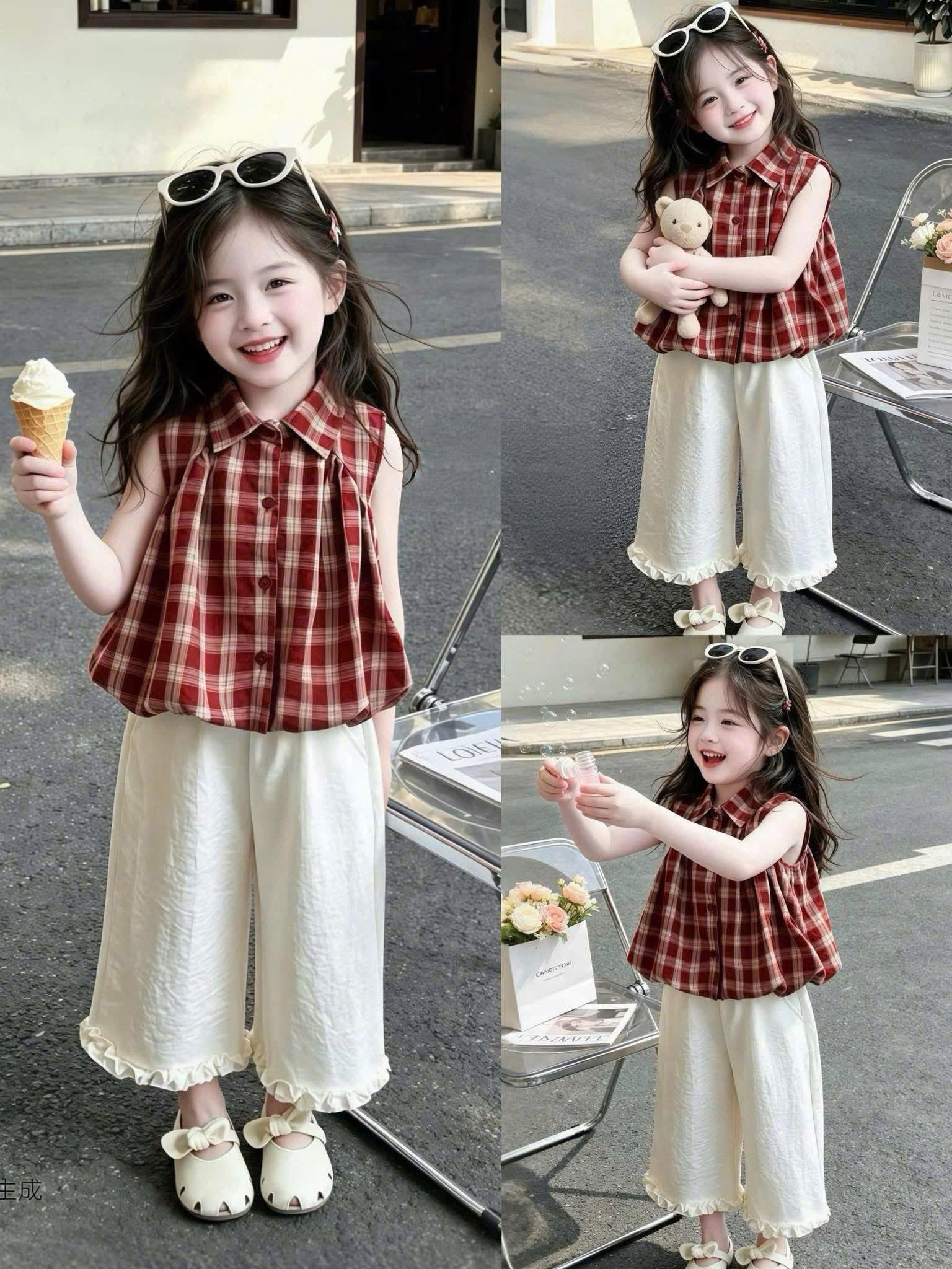 G015 - SET BÉ GÁI ÁO CARO ĐỎ BỒNG QUẦN SUÔNG TRẮNG