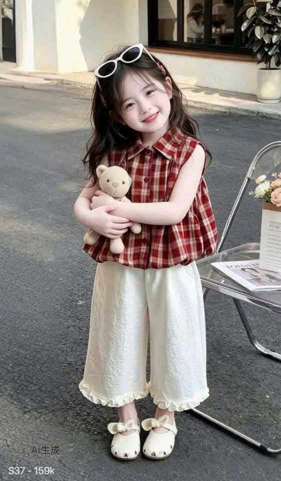 G015 - SET BÉ GÁI ÁO CARO ĐỎ BỒNG QUẦN SUÔNG TRẮNG