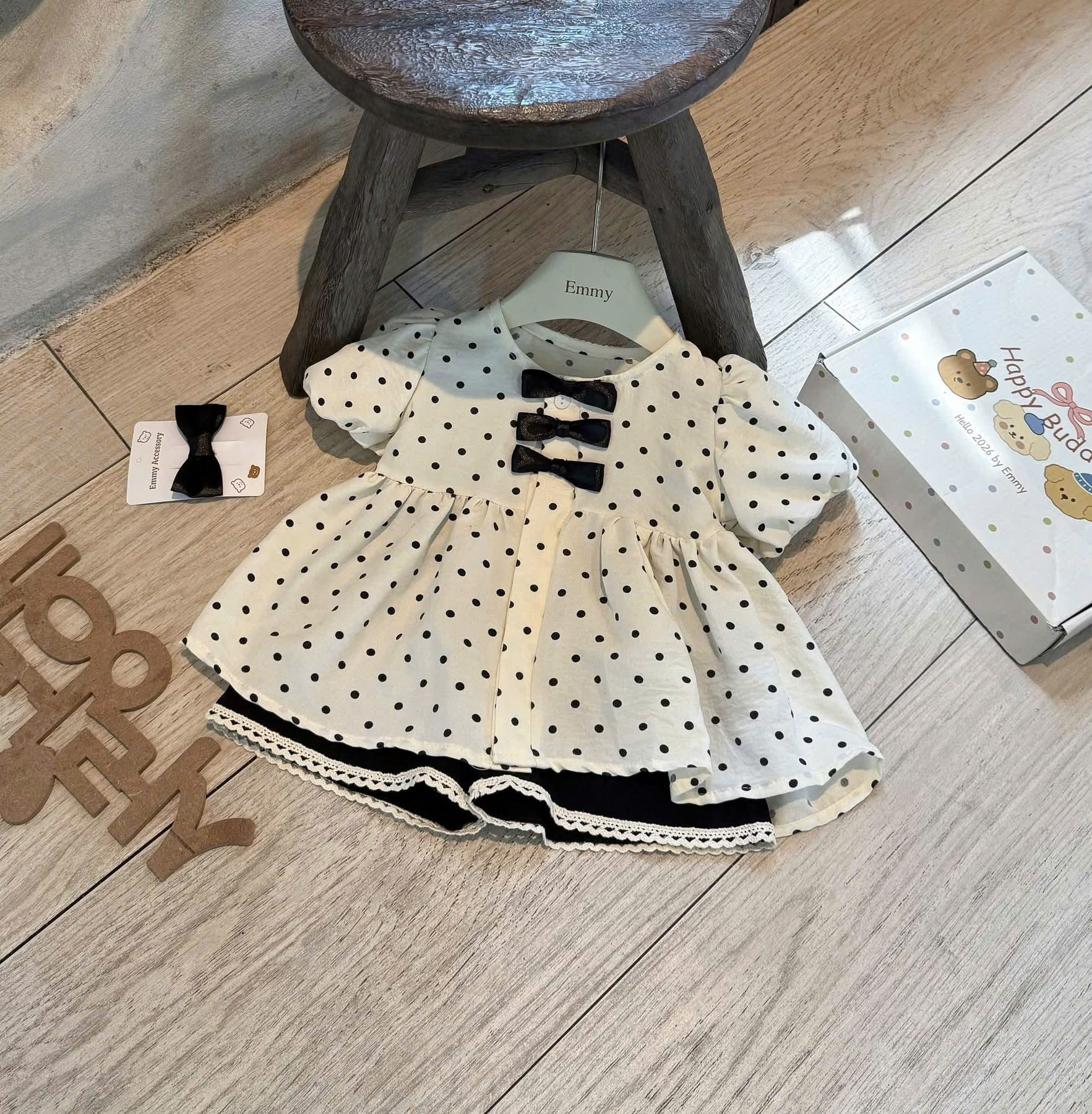 G017 - SET BÉ GÁI BABYDOLL BE CHẤM BI QUẦN ĐEN REN