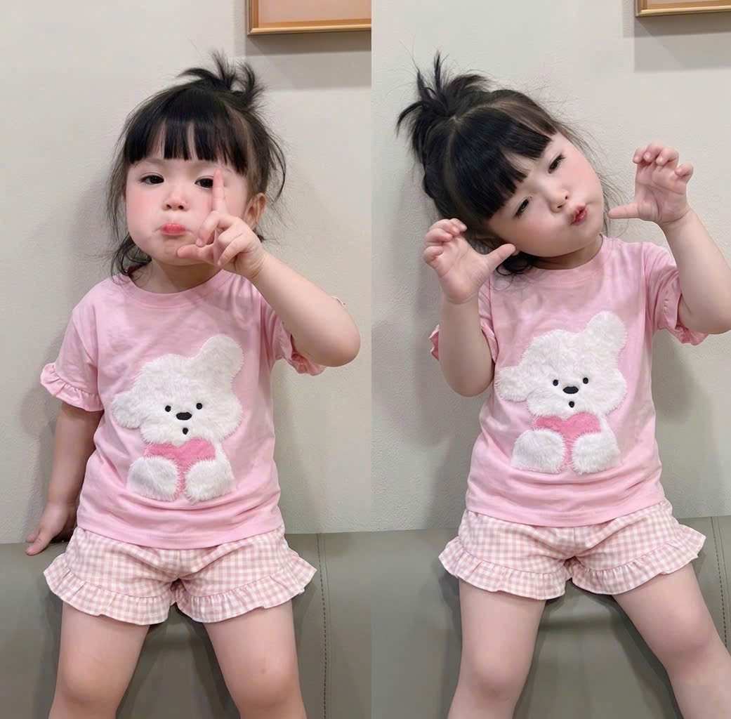 G021 - BỘ ĐÙI ĐÔI MẸ BÉ ÁO HỒNG CHÓ QUẦN KẺ CARO BÈO