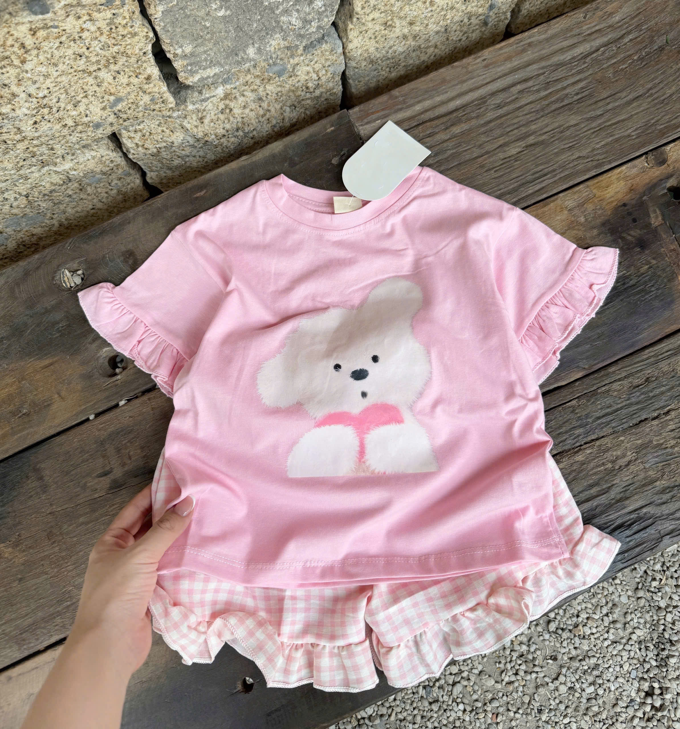 G021 - BỘ ĐÙI ĐÔI MẸ BÉ ÁO HỒNG CHÓ QUẦN KẺ CARO BÈO