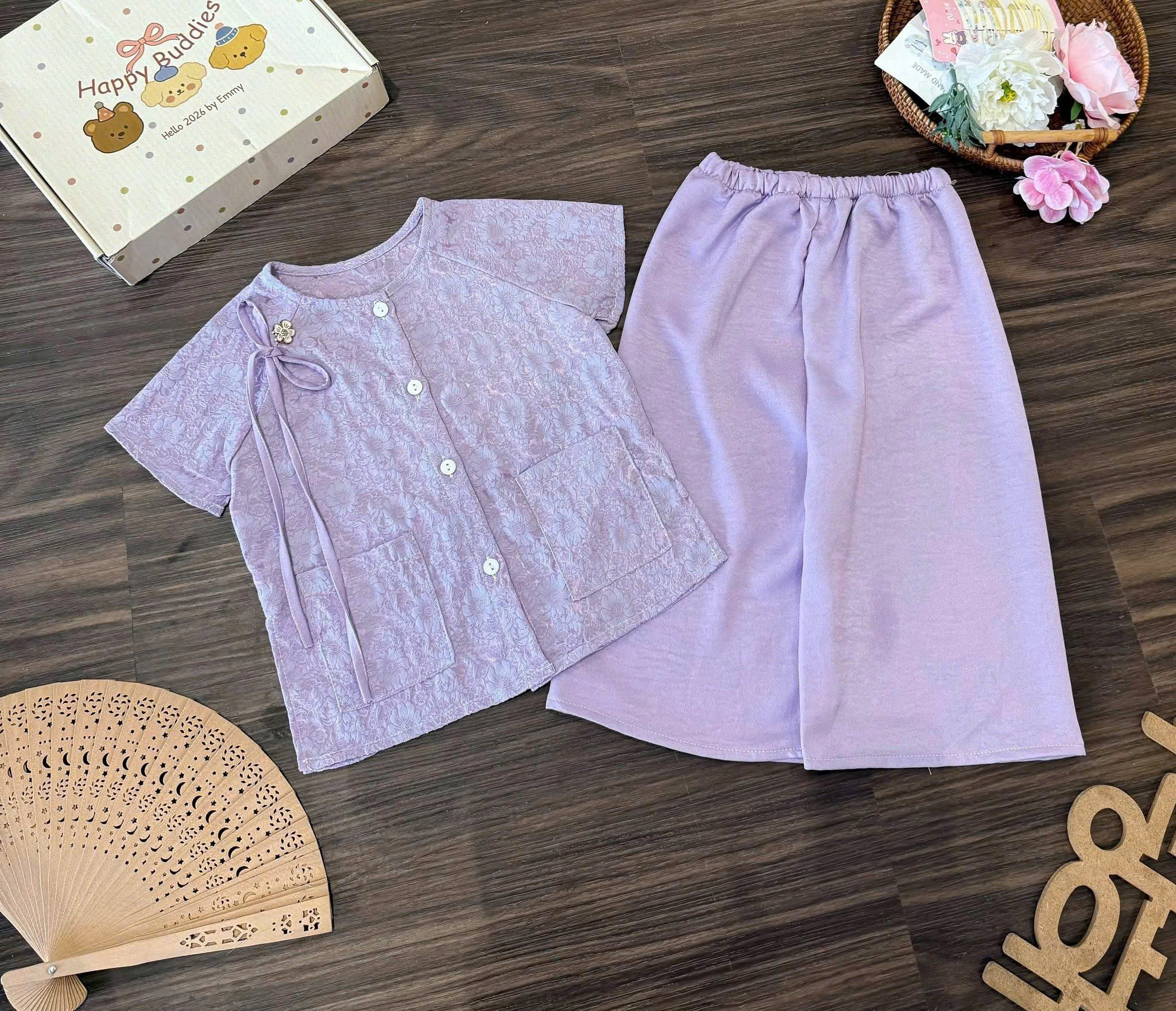 G040 - BỘ BÉ GÁI LỤA HOA QUẦN TRƠN ĐÍNH NƠ