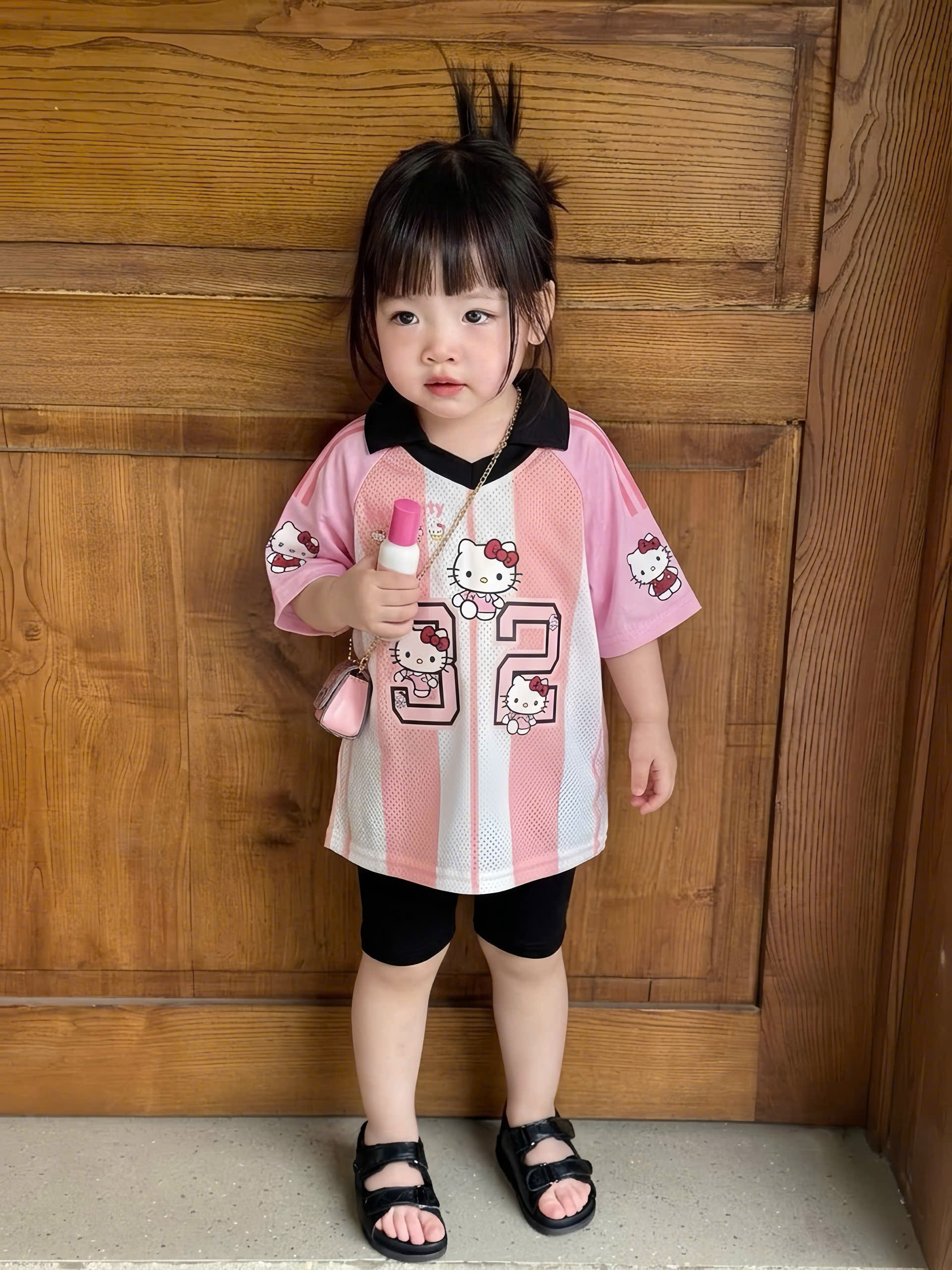 G052 - BỘ ĐÙI BÉ GÁI ÁO POLO LƯỚI KITTY 32 QUẦN ĐEN