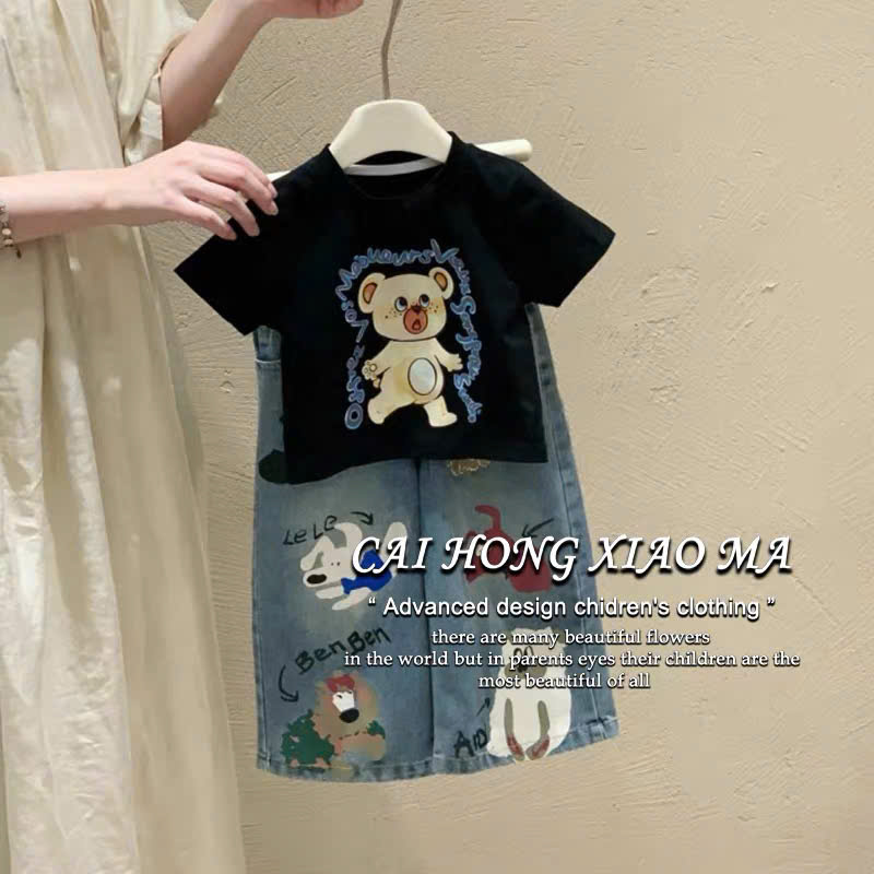 G063 - SET BÉ GÁI ÁO PHÔNG ĐEN GẤU QUẦN BÒ RÁCH