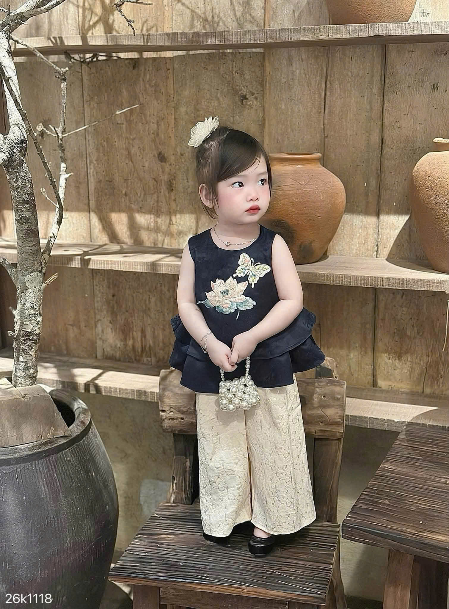 G067 - SET BÉ GÁI ÁO THAN GẤM XÒE HOA SEN QUẦN SUÔNG BE