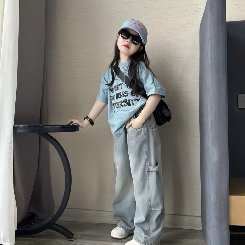 G072 - SET BÉ SIZE NHỠ ÁO XANH QUẦN BÒ SUÔNG