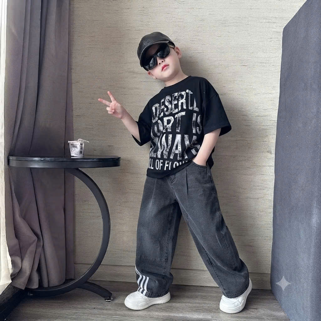 G080 - SET BÉ TRAI GÁI ÁO THUN IN CHỮ QUẦN JEANS XÁM RỘNG