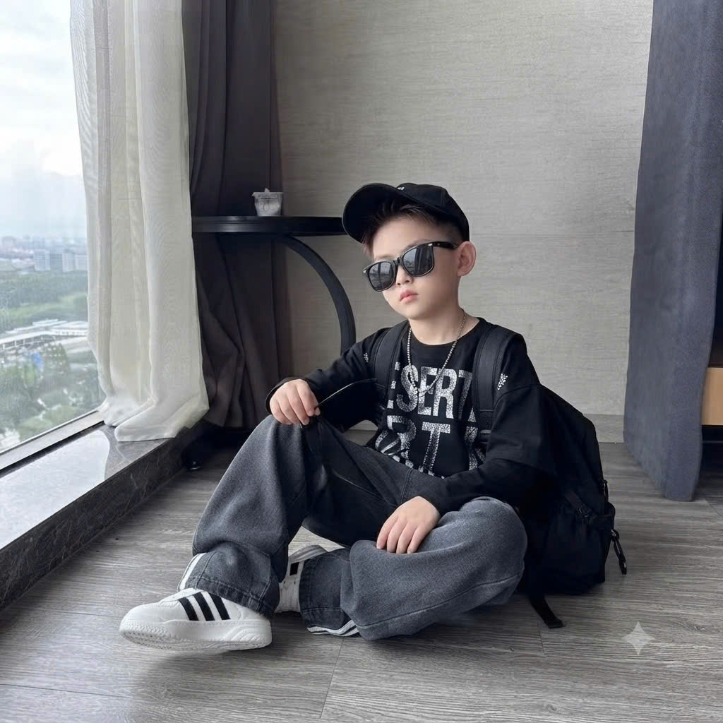 G080 - SET BÉ TRAI GÁI ÁO THUN IN CHỮ QUẦN JEANS XÁM RỘNG
