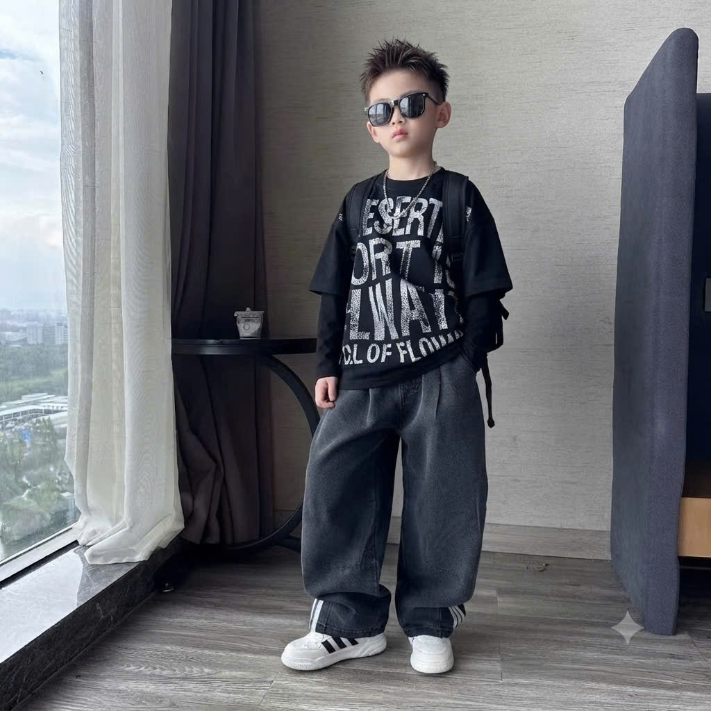 G080 - SET BÉ TRAI GÁI ÁO THUN IN CHỮ QUẦN JEANS XÁM RỘNG