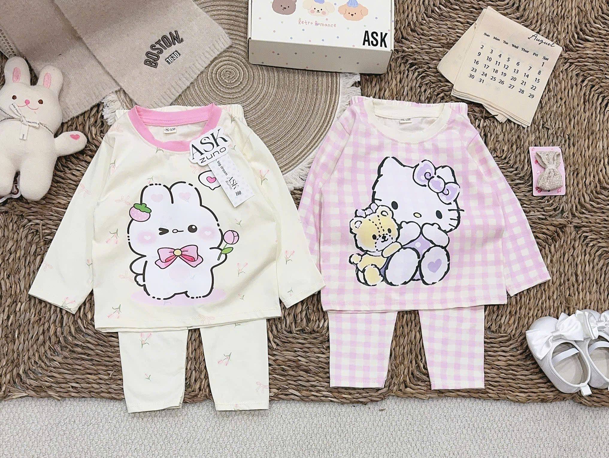 G114 - SET 2 BỘ BÉ GÁI DÀI TAY KITTY THỎ hồng caro be