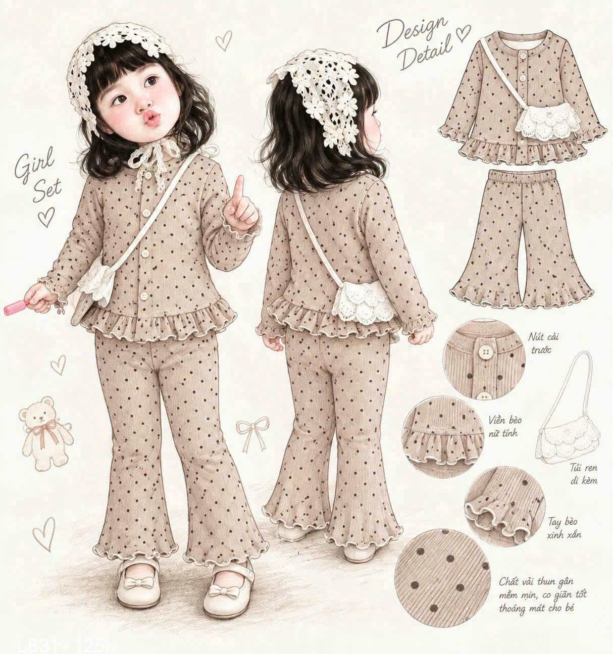 (CHỜ) G148 - BỘ BÉ GÁI TĂM THỎ BE CHẤM BI CÀI CÚC LOE BÈO