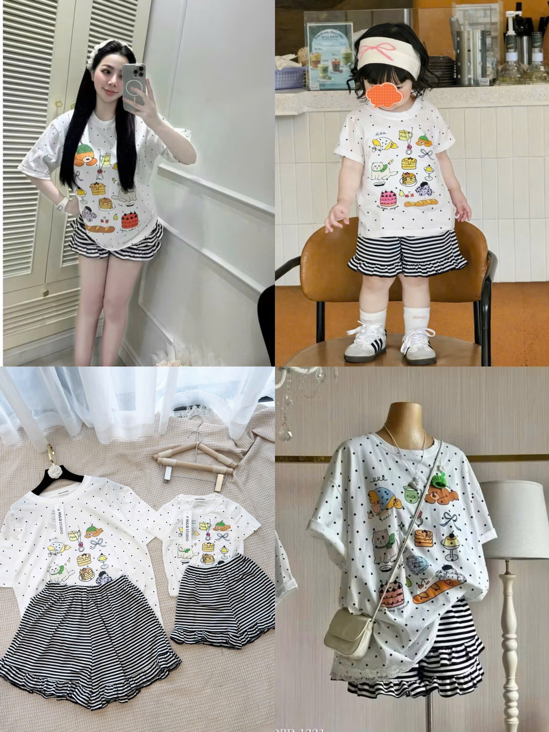 G969 - BỘ ĐÙI ĐÔI MẸ BÉ TRẮNG CHẤM BI QUẦN KẺ BÈO