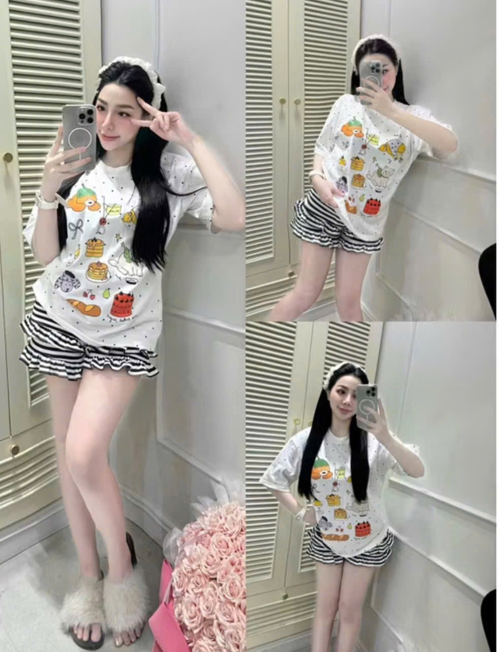 G969 - BỘ ĐÙI ĐÔI MẸ BÉ TRẮNG CHẤM BI QUẦN KẺ BÈO