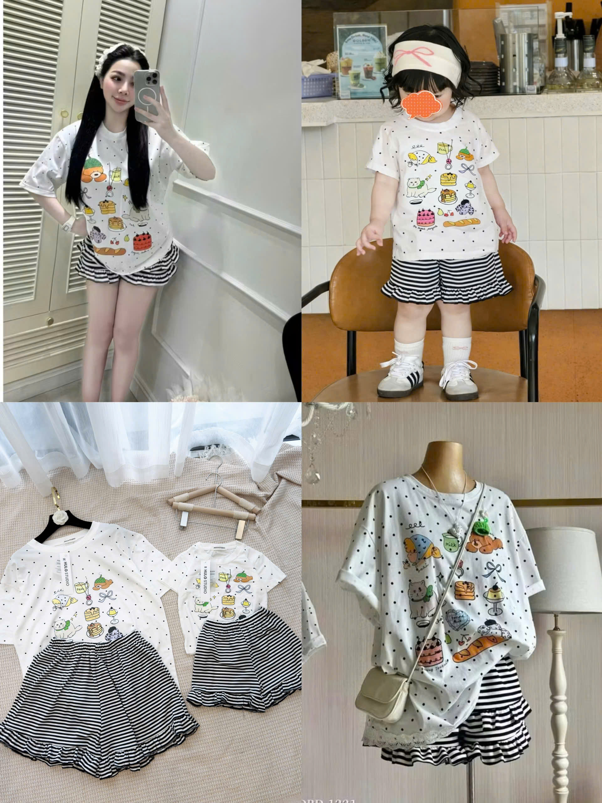G969 - BỘ ĐÙI ĐÔI MẸ BÉ TRẮNG CHẤM BI QUẦN KẺ BÈO