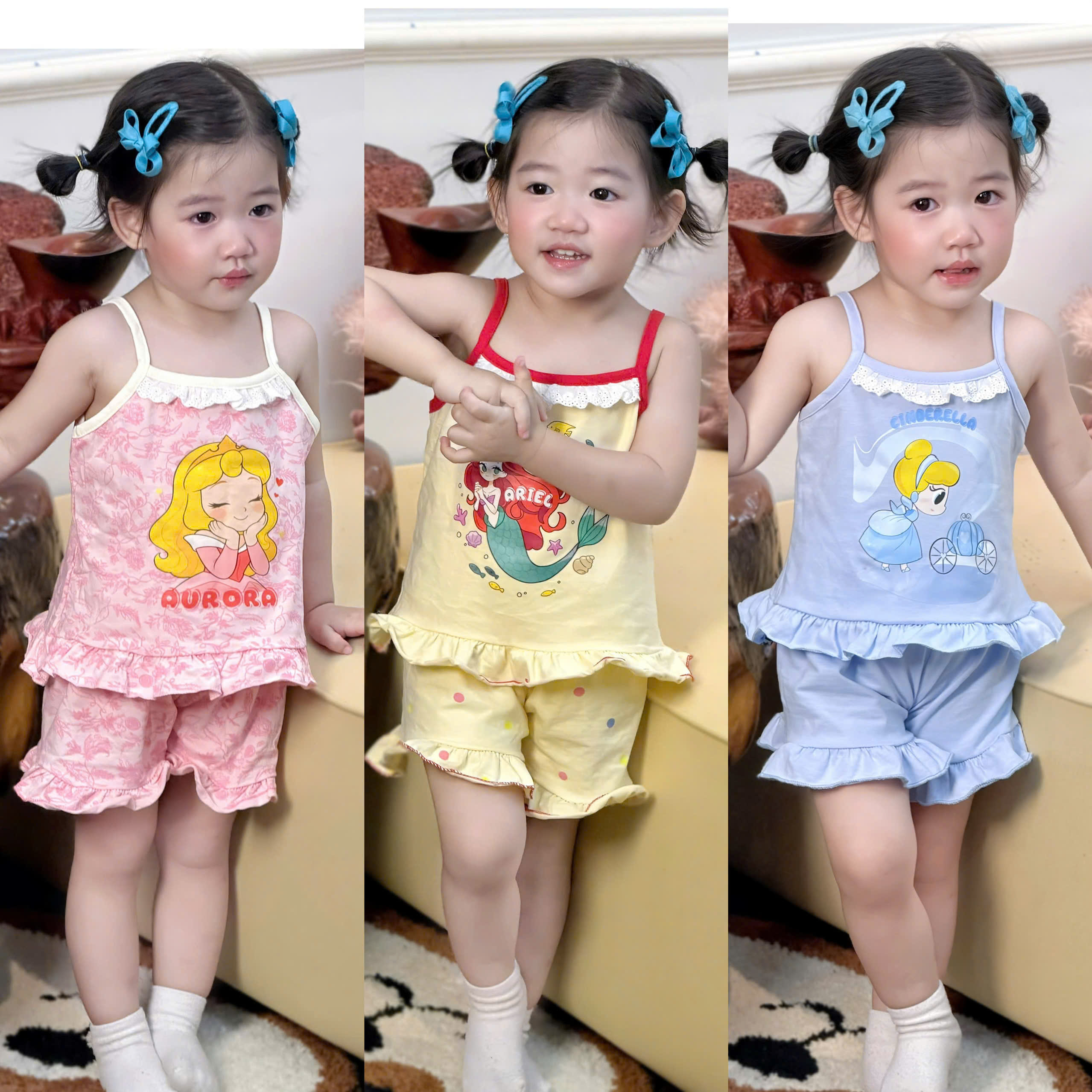 G994 - SET 3 BỘ ĐÙI BÉ GÁI 2S BÈO CÔNG CHÚA xanh hồng vàng