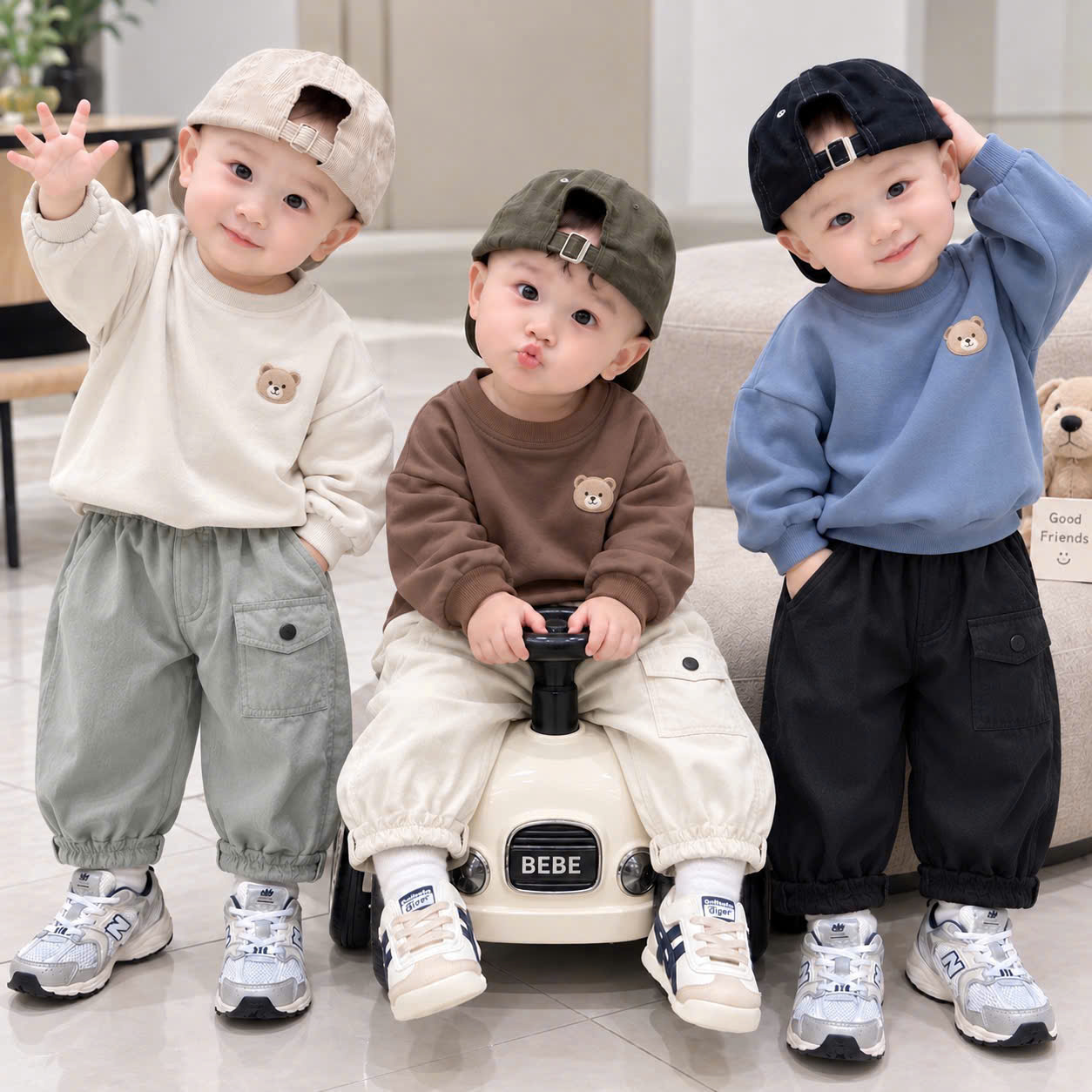 (CHỜ) QB402 - SET 3 QUẦN BÉ TRAI GIÓ BOMBER TÚI HỘP CÚC BẤM đen xám be