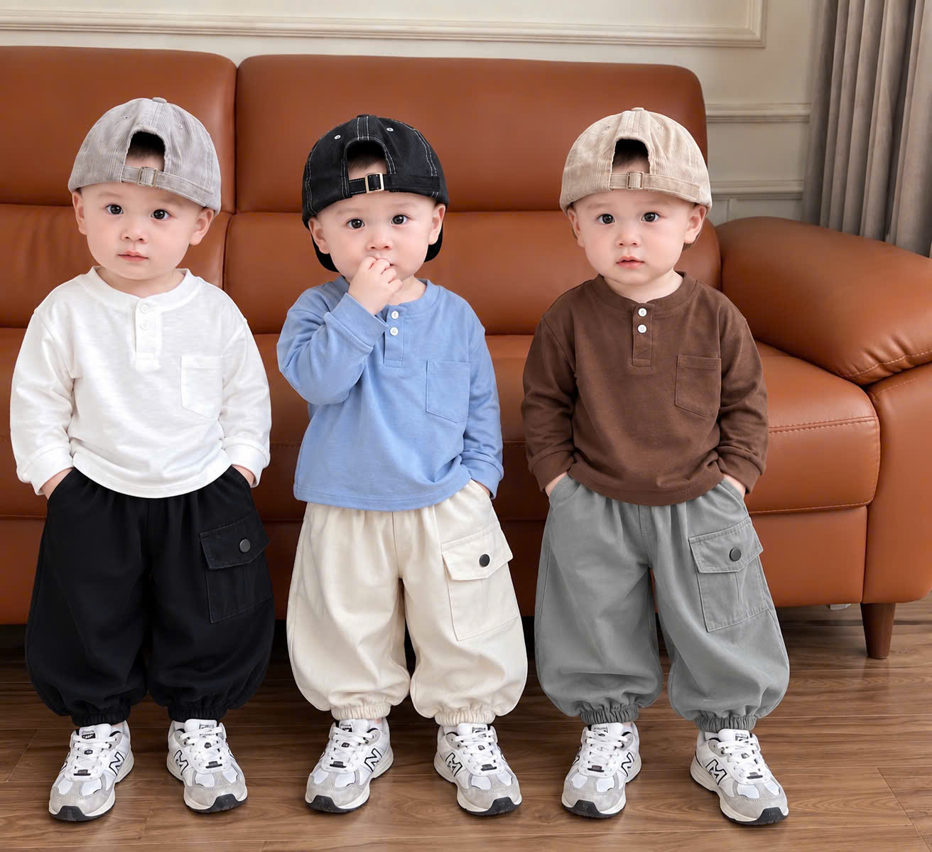 (CHỜ) QB402 - SET 3 QUẦN BÉ TRAI GIÓ BOMBER TÚI HỘP CÚC BẤM đen xám be