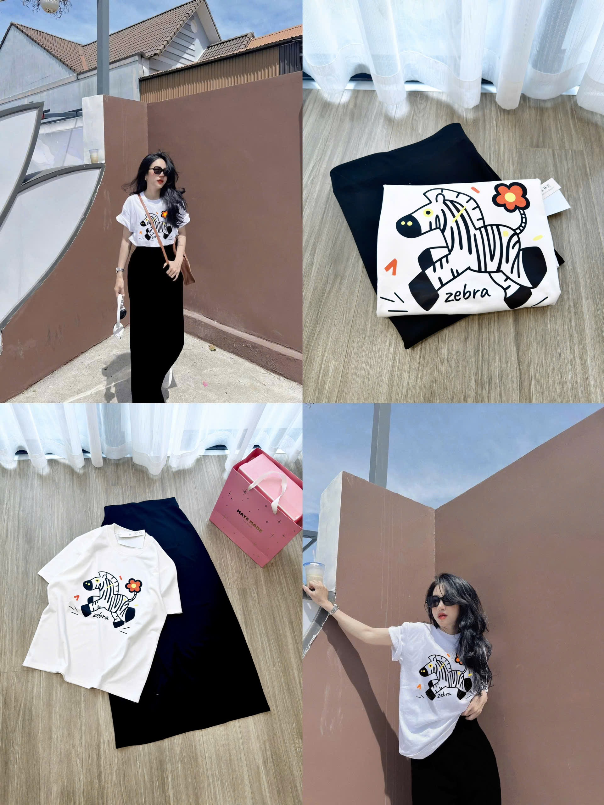 S306 - SET NỮ ÁO TRẮNG NGỰA ĐUÔI HOA CVAY ĐEN