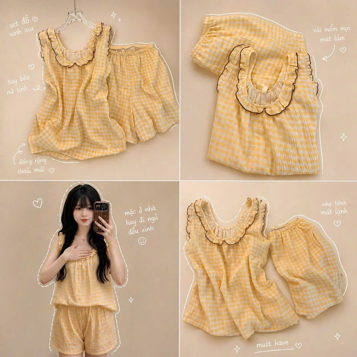 S333 - BỘ ĐÙI NỮ BA LỖ KẺ VÀNG VIỀN BÈO NÂU