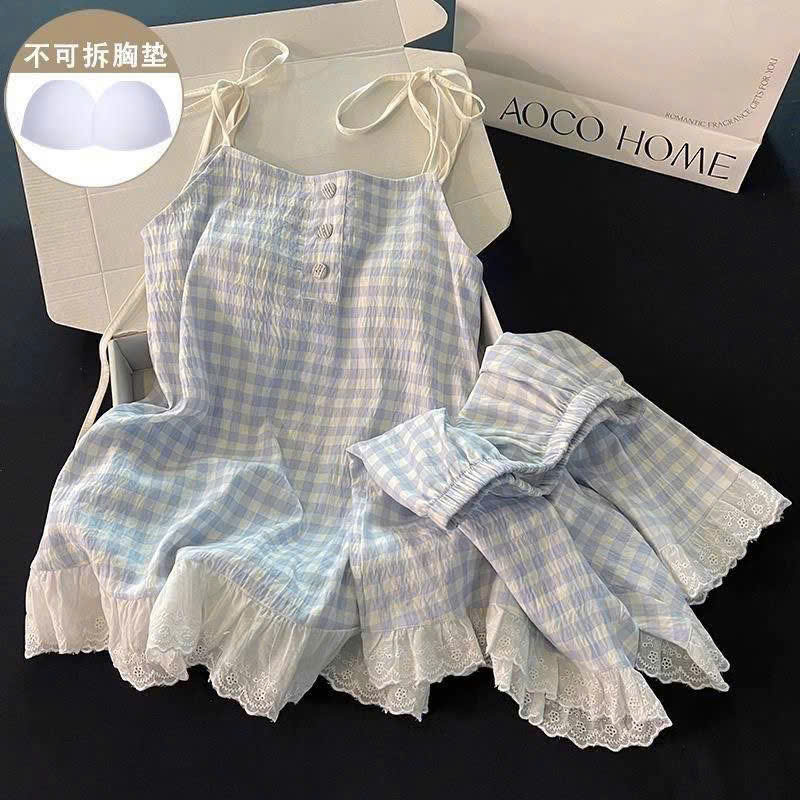 (CHỜ) S364 - BỘ ĐŨI NỮ 2S XANH CARO BUỘC VAI PHỐI REN TRẮNG