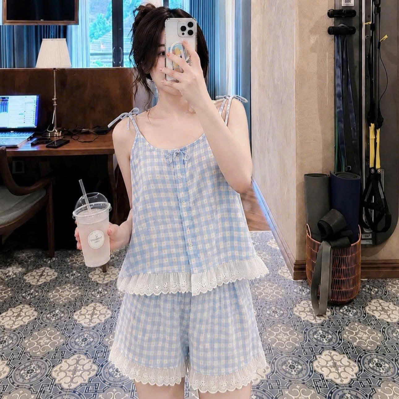 (CHỜ) S364 - BỘ ĐŨI NỮ 2S XANH CARO BUỘC VAI PHỐI REN TRẮNG