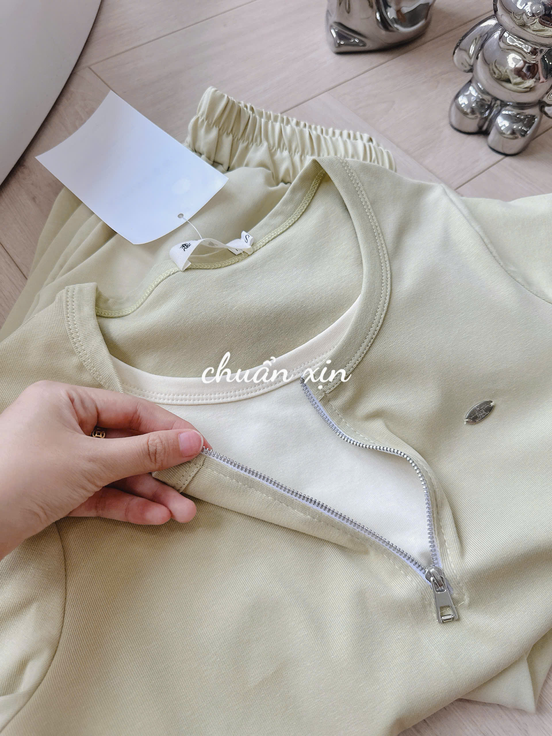 (CHỜ) S381 - SET XANH CỐM ÁO PHỐI CỔ KHÓA QUẦN BOM