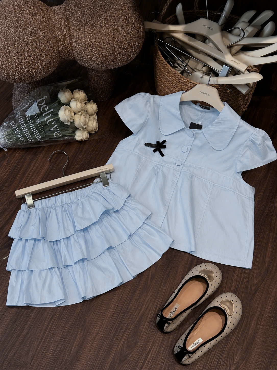 S385 - SET ÁO SƠ MI XANH MIX CVAY NGẮN BÈO TẦNG
