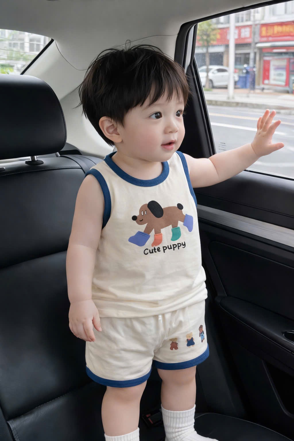 T223 - BỘ ĐÙI BÉ TRAI TRẮNG VIỀN XANH CHÓ Cute puppy