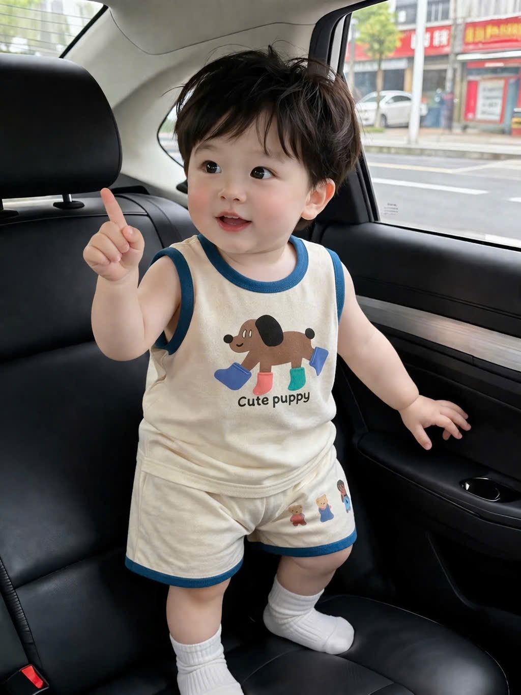 T223 - BỘ ĐÙI BÉ TRAI TRẮNG VIỀN XANH CHÓ Cute puppy