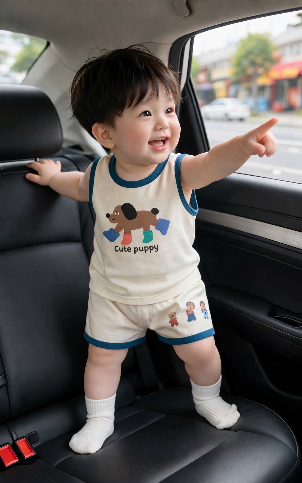 T223 - BỘ ĐÙI BÉ TRAI TRẮNG VIỀN XANH CHÓ Cute puppy