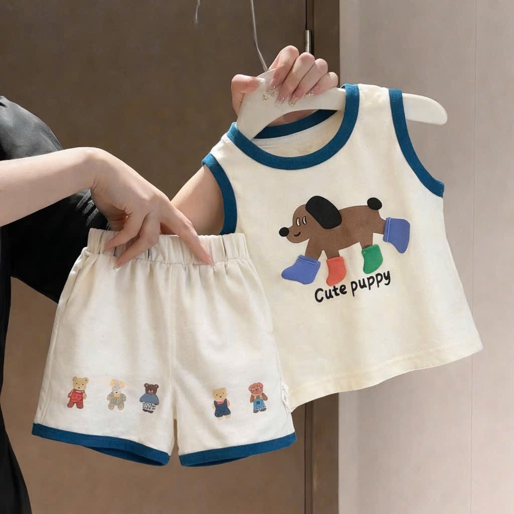 T223 - BỘ ĐÙI BÉ TRAI TRẮNG VIỀN XANH CHÓ Cute puppy
