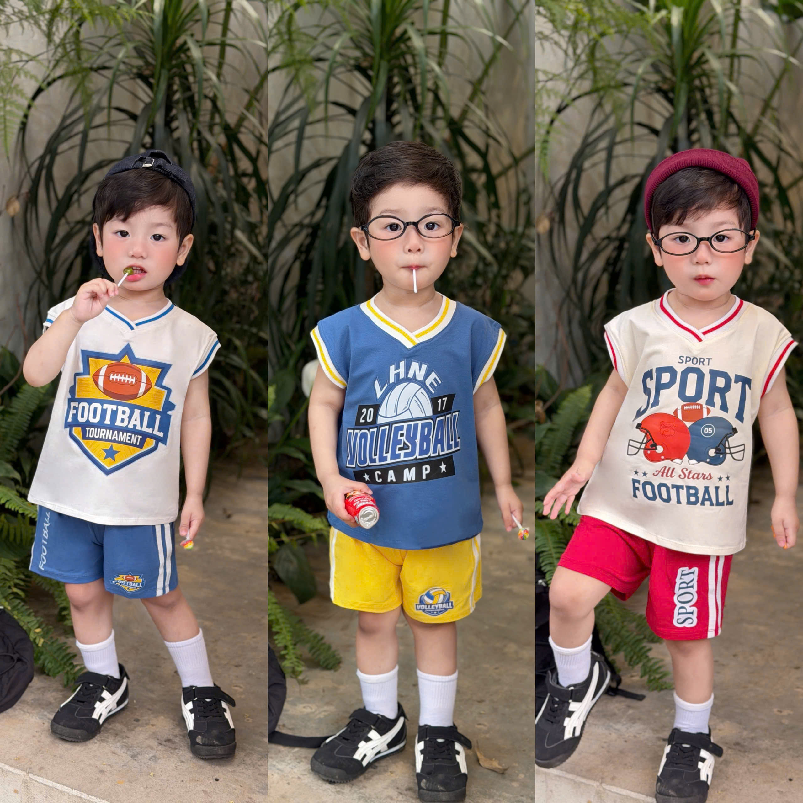 T293 - SET 3 BỘ ĐÙI BÉ TRAI BA LỖ THỂ THAO SPORT xanh be trắng