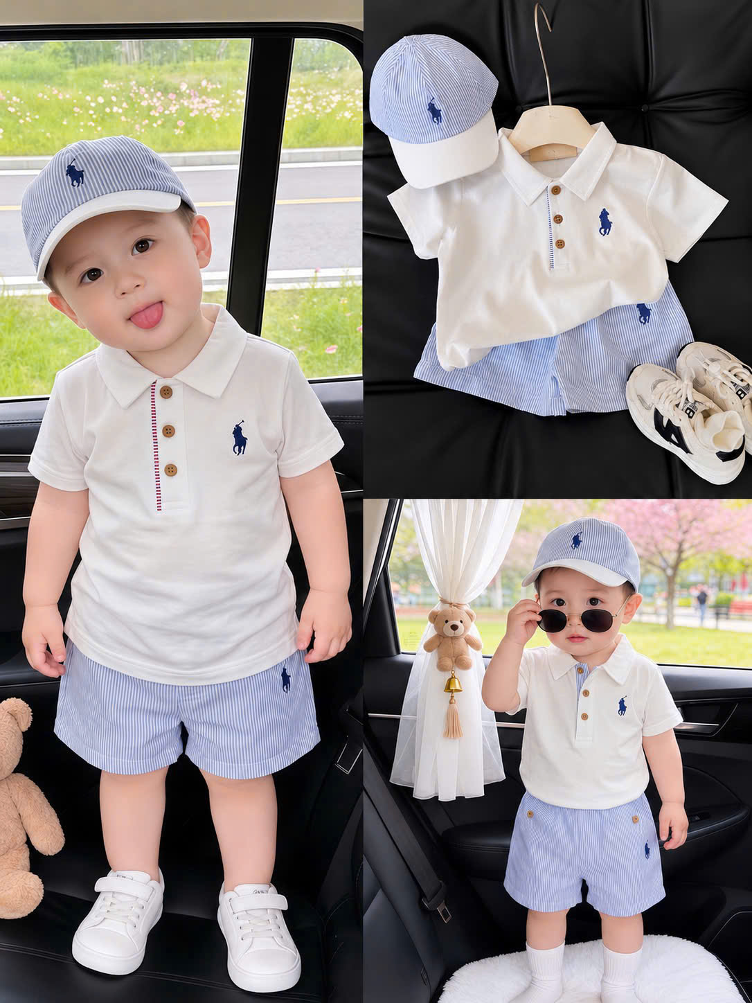 T308 - BỘ ĐÙI BÉ TRAI ÁO POLO TRẮNG THÊU KỊ SĨ QUẦN SỌC KO MŨ