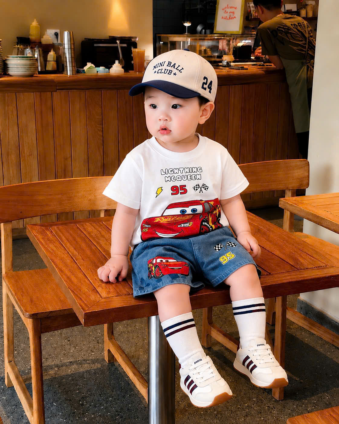 T327 - BỘ ĐÙI BÉ TRAI ÁO TRẮNG OTO MCQUEEN QUẦN BÒ