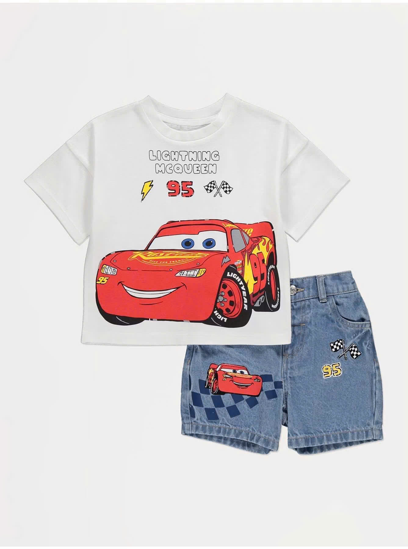 T327 - BỘ ĐÙI BÉ TRAI ÁO TRẮNG OTO MCQUEEN QUẦN BÒ