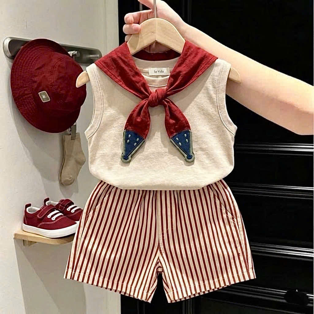 T329 - BỘ ĐÙI BÉ TRAI ÁO BE KÈM KHĂN QUẦN SỌC ĐỎ
